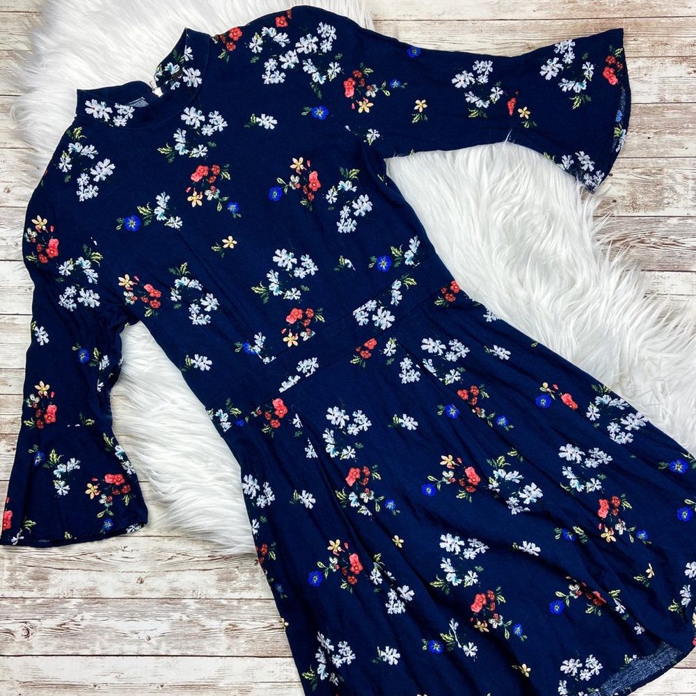 Warehouse London Mock Neck Blue Floral Dress